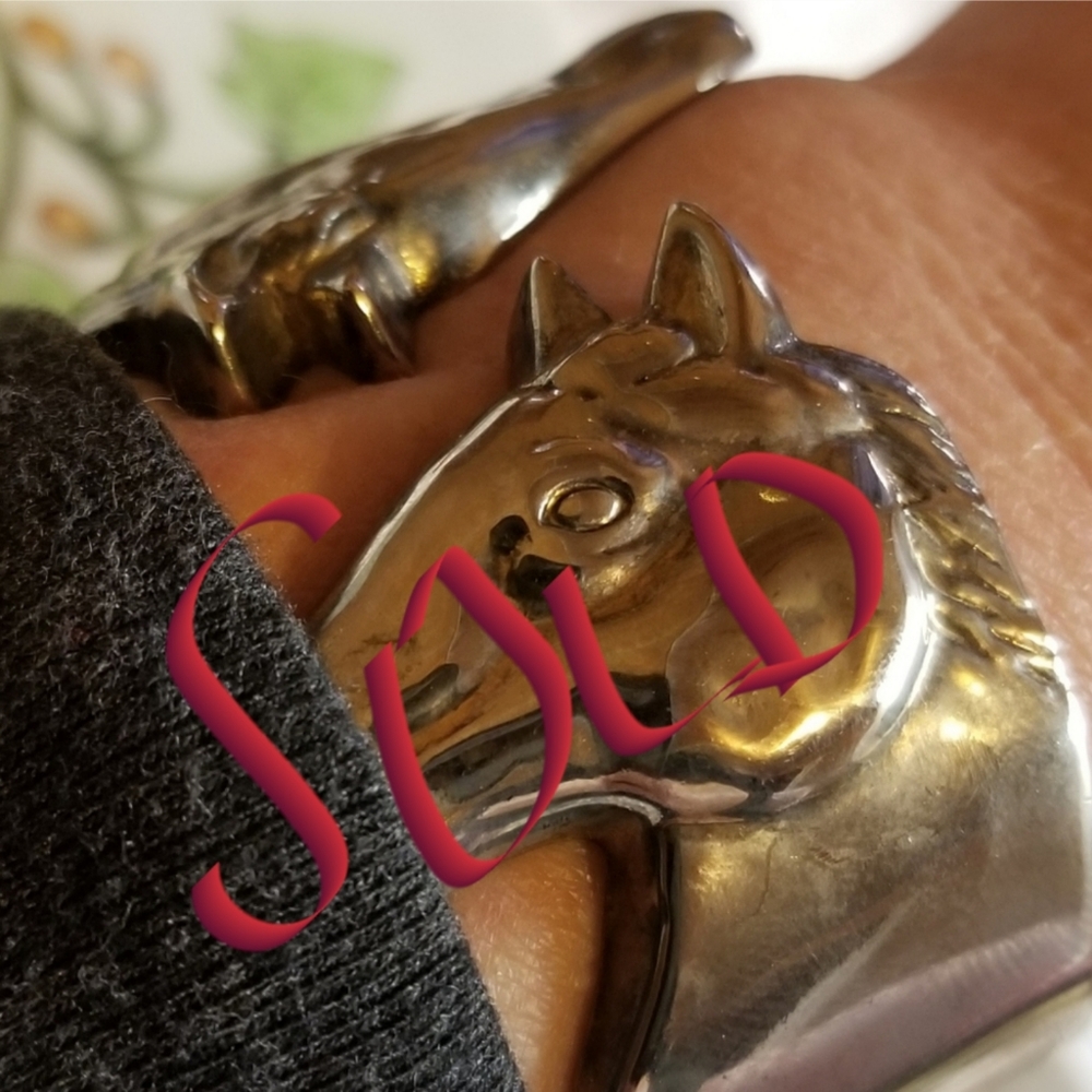 S o l d unusual vintage hinged cuff bracelet shaped like horses Unisex